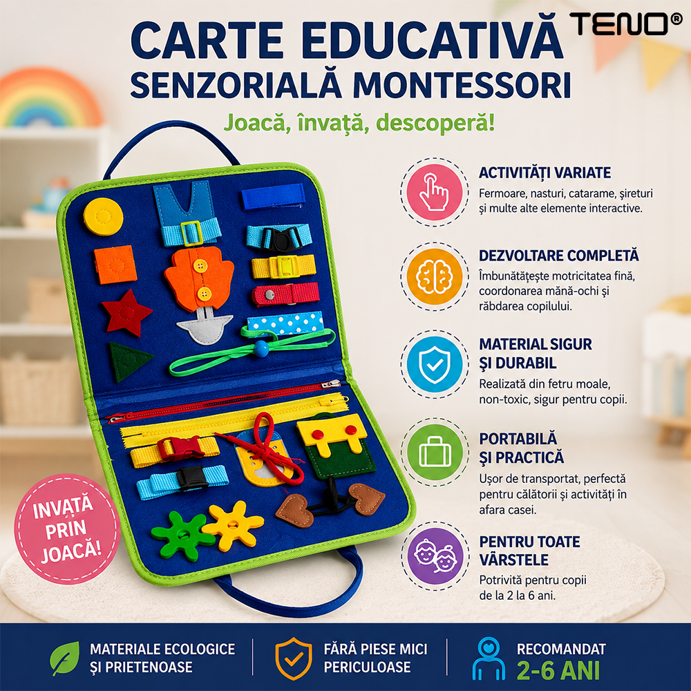 Carte educativa Montessori cu activitati interactive senzoriale, albastru