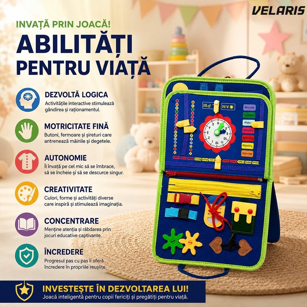 Carte educativa Montessori cu activitati interactive senzoriale, albastru