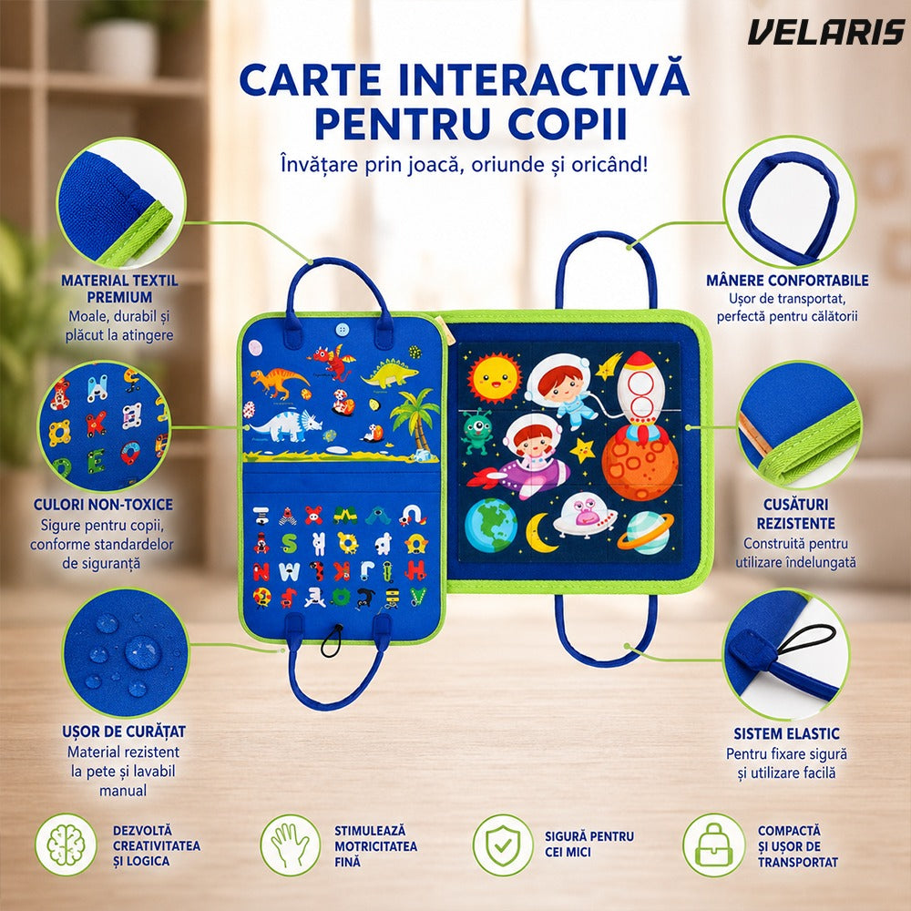 Carte educativa Montessori cu activitati interactive senzoriale, albastru