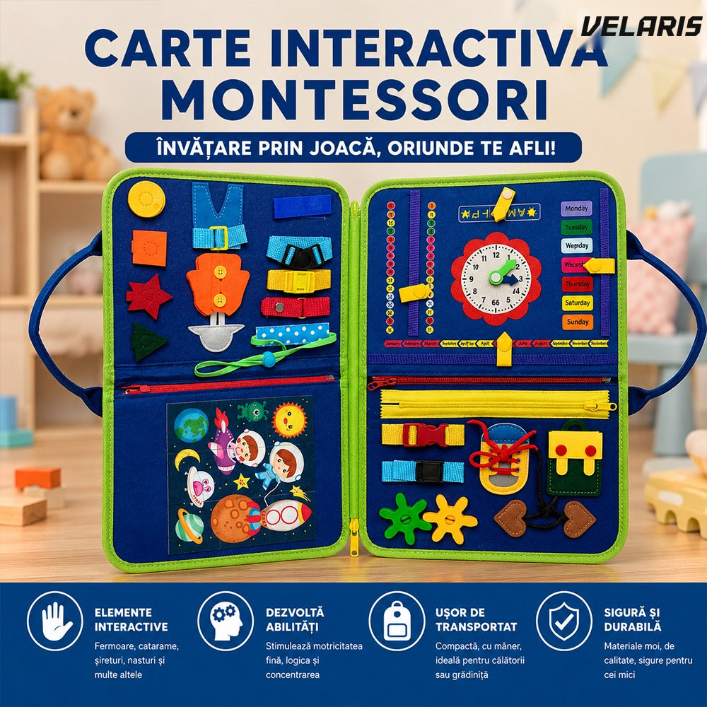 Carte educativa Montessori cu activitati interactive senzoriale, albastru