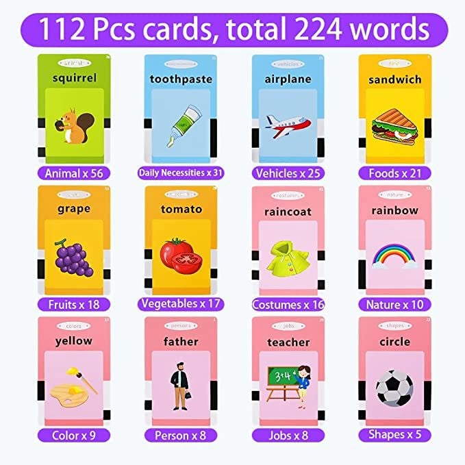 Dispozitiv de învățare Montessori cu cititor flash carduri engleza 112 carduri 224 cuvinte roz