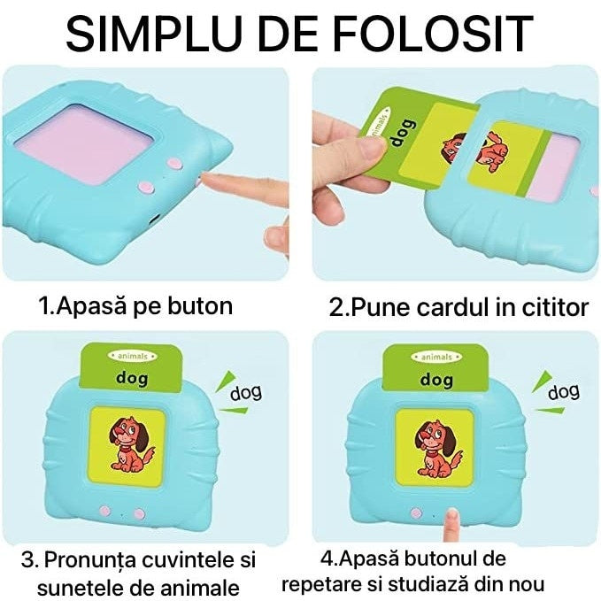 Dispozitiv de învățare Montessori cu cititor flash carduri engleza 112 carduri 224 cuvinte roz