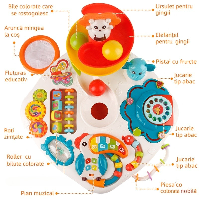 Masă educativă multifuncțională cu pian, lumini, sunete, bile și jocuri logice pentru copii