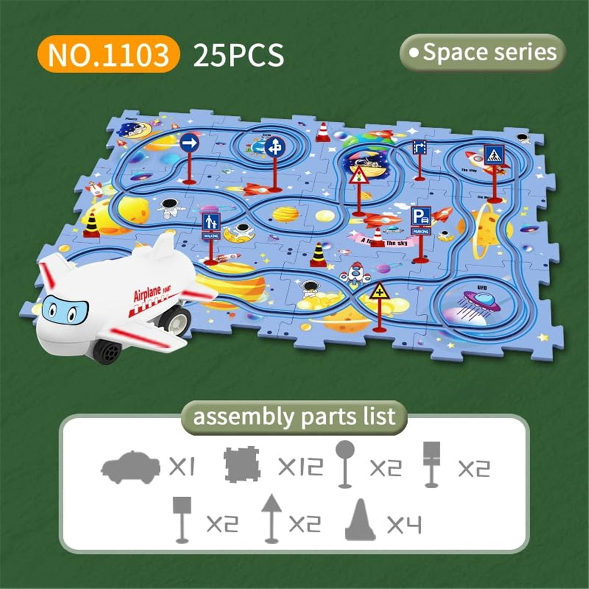 Set puzzle educativ cu pista mașini și avion, 25 piese, model spațiu albastru, 47x38 cm