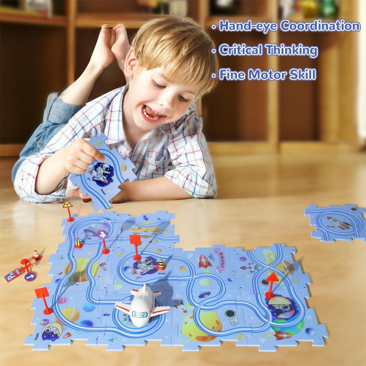 Set puzzle educativ cu pista mașini și avion, 25 piese, model spațiu albastru, 47x38 cm