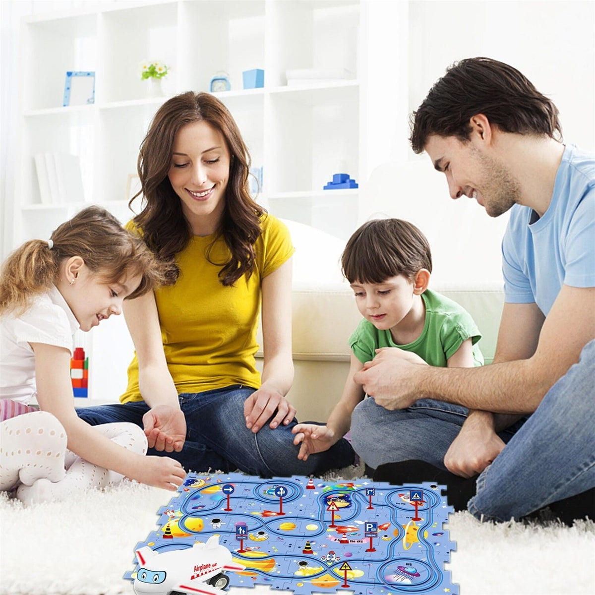 Set puzzle educativ cu pista mașini și avion, 25 piese, model spațiu albastru, 47x38 cm