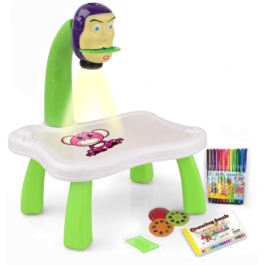 Tablă de desen educativă cu proiector hologram, 3 discuri, 24 șabloane, 12 markere, Toy Story, verde