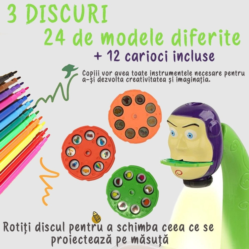 Tablă de desen educativă cu proiector hologram, 3 discuri, 24 șabloane, 12 markere, Toy Story, verde