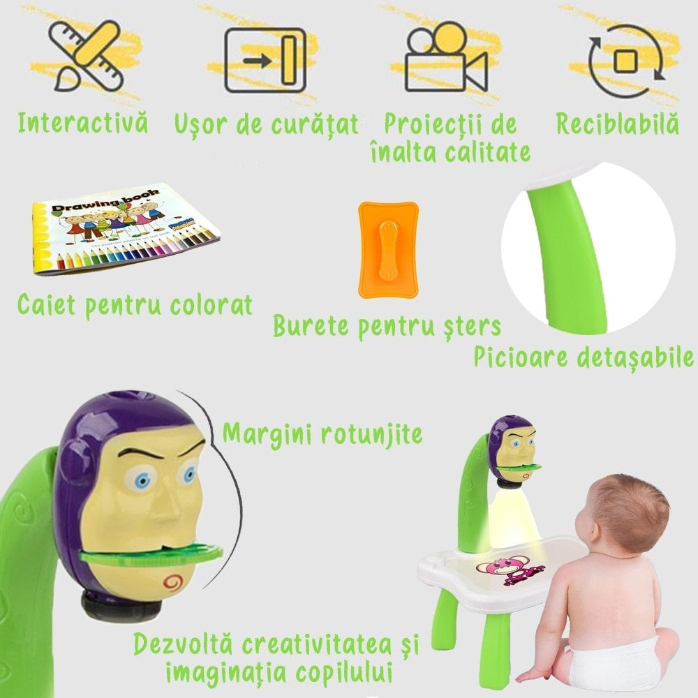 Tablă de desen educativă cu proiector hologram, 3 discuri, 24 șabloane, 12 markere, Toy Story, verde