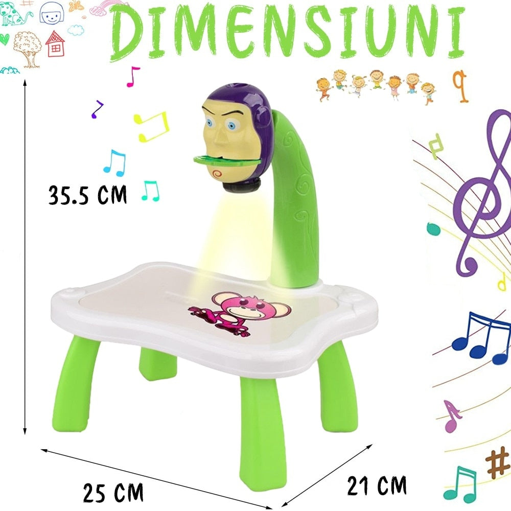 Tablă de desen educativă cu proiector hologram, 3 discuri, 24 șabloane, 12 markere, Toy Story, verde