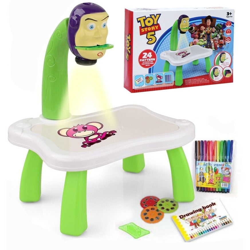 Tablă de desen educativă cu proiector hologram, 3 discuri, 24 șabloane, 12 markere, Toy Story, verde