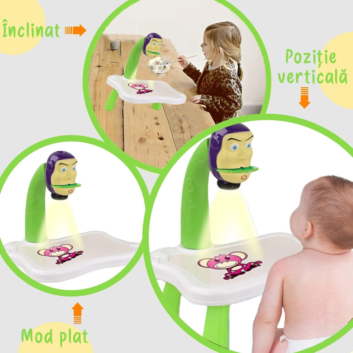 Tablă de desen educativă cu proiector hologram, 3 discuri, 24 șabloane, 12 markere, Toy Story, verde