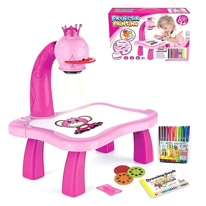 Tablă proiector educativă Girafa roz, 3 discuri, 12 markere colorate