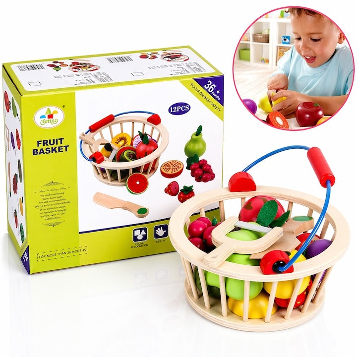 Coș Fructe Magnetice din Lemn, Jucărie Educativă, 12 Piese, 17x14x9cm