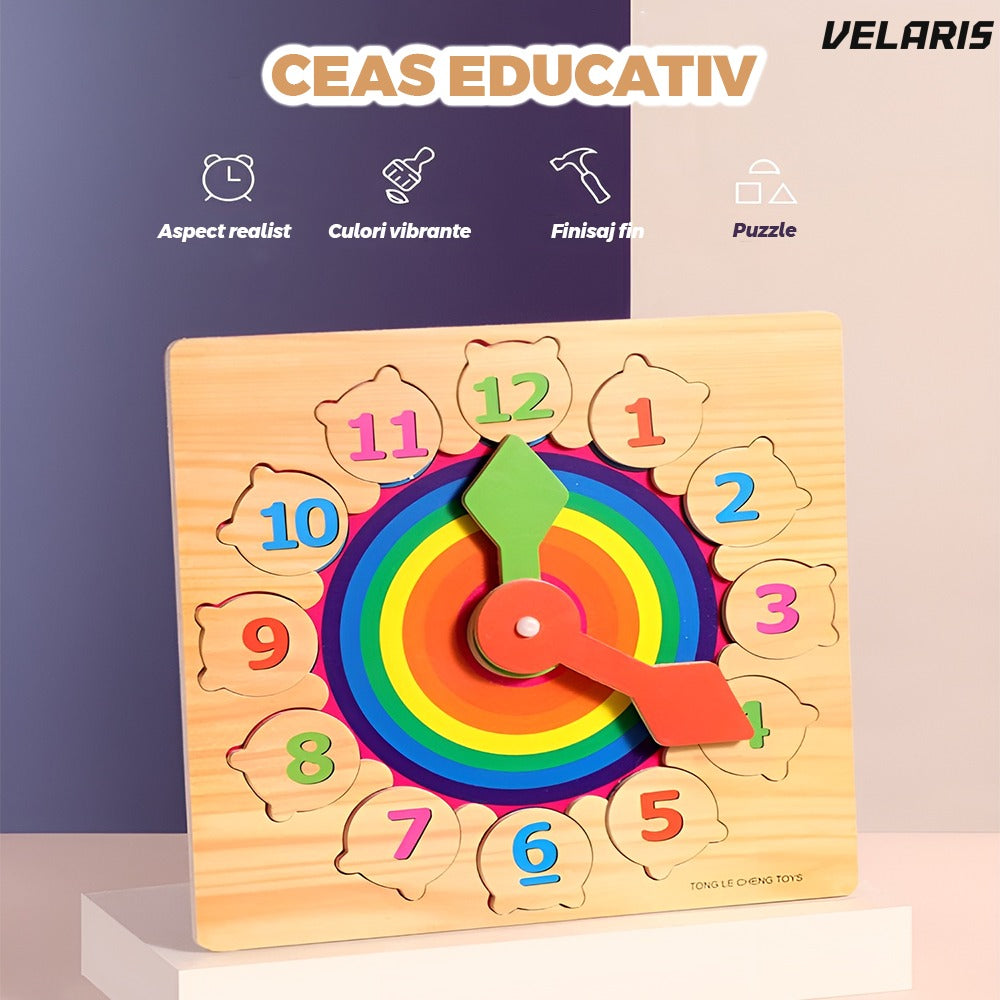 Ceas educativ din lemn cu numere detasabile si imagini ascunse, 3+ ani