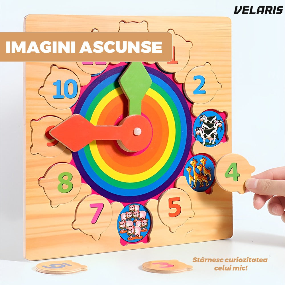 Ceas educativ din lemn cu numere detasabile si imagini ascunse, 3+ ani