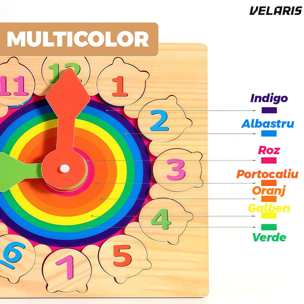 Ceas educativ din lemn cu numere detasabile si imagini ascunse, 3+ ani