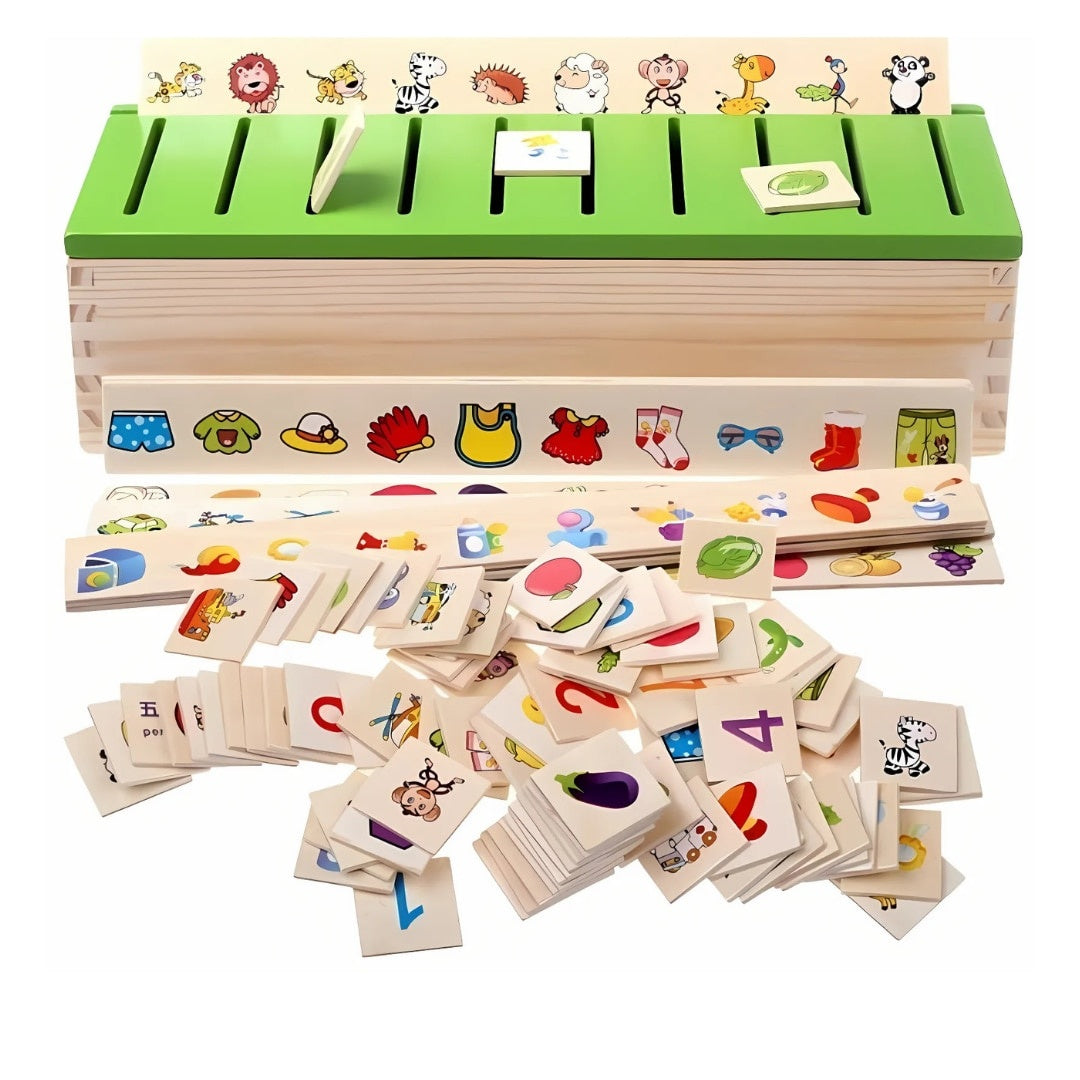 Jucărie educativă din lemn cu cutie și fișe, coordonare și logică matematică, 3 ani+, 29,5×11×8 cm