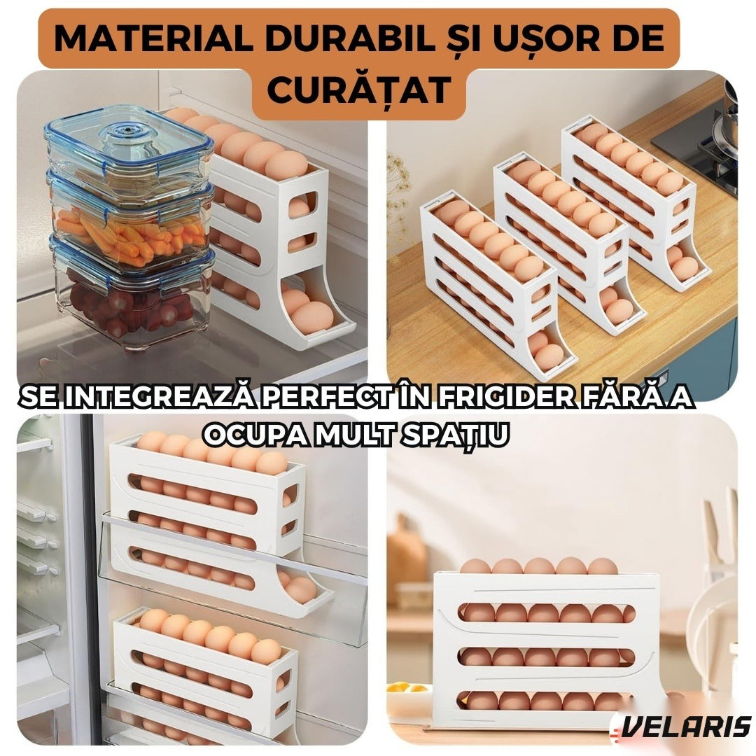 Suport organizator ouă, 4 niveluri, rostogolire automată, 30 ouă, 36x7x20 cm, alb