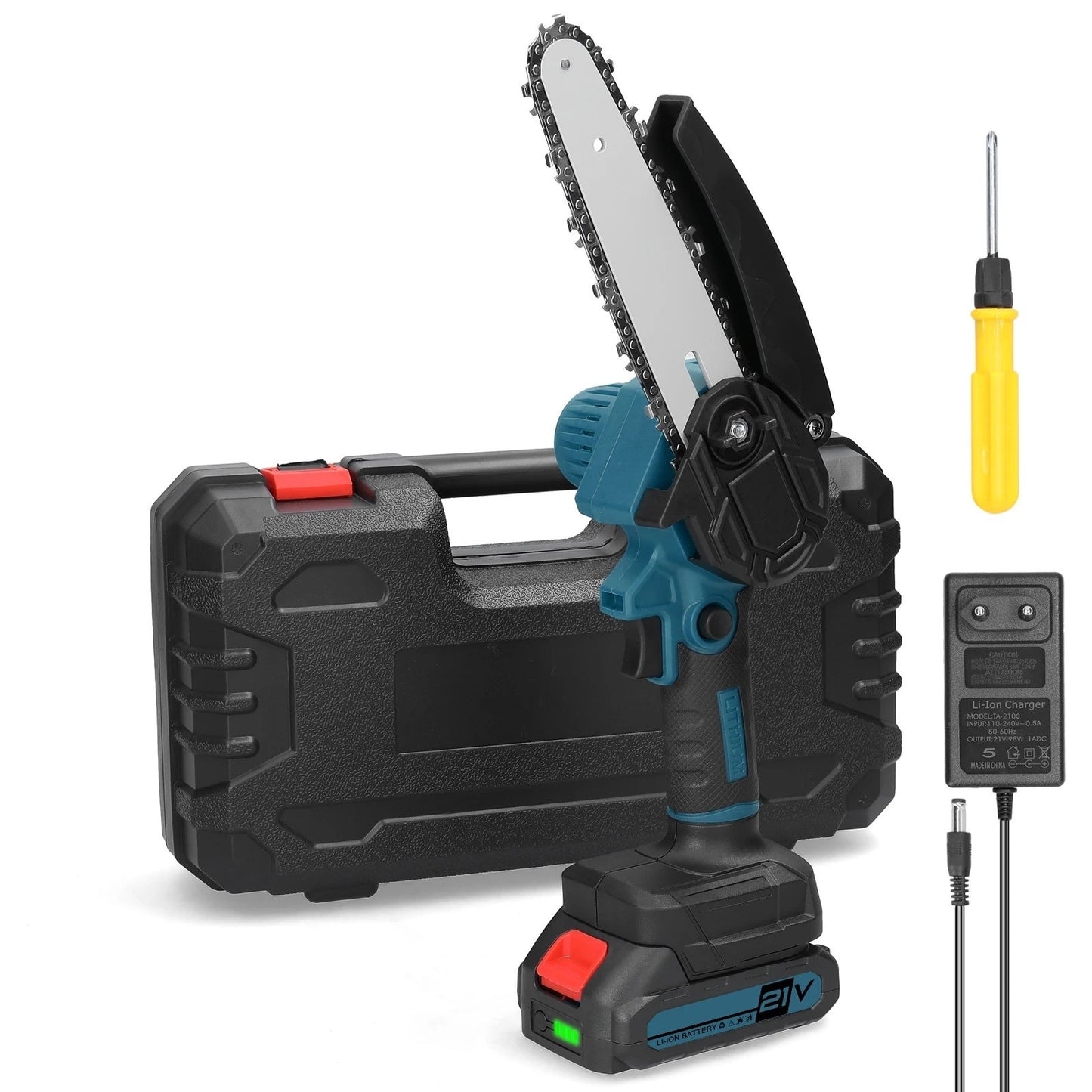 Ferăstrău electric cu lanț 6 inch, 48V, operare cu o singură mână, 2 acumulatori