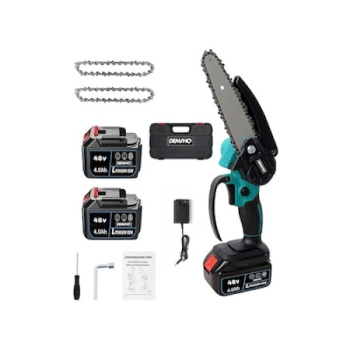Ferăstrău electric cu lanț 6 inch, 48V, operare cu o singură mână, 2 acumulatori