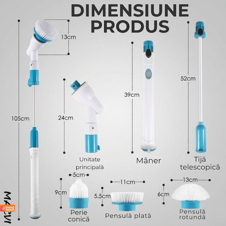 Perie electrică de curățat cu 3 capete interschimbabile, 300 RPM, acumulator, mâner telescopic