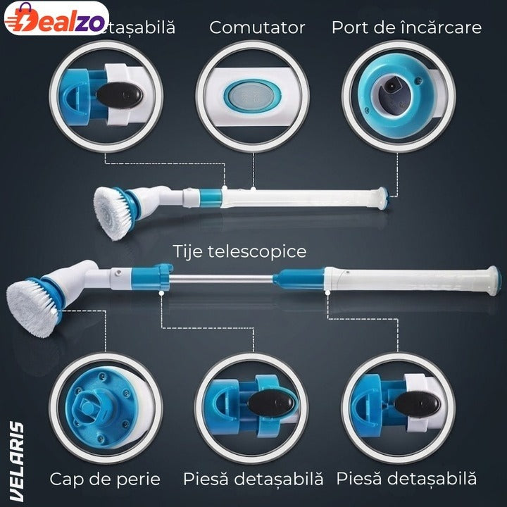Perie electrică de curățat cu 3 capete interschimbabile, 300 RPM, acumulator, mâner telescopic