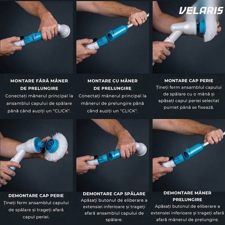 Perie electrică de curățat cu 3 capete interschimbabile, 300 RPM, acumulator, mâner telescopic