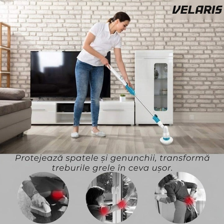 Perie electrică de curățat cu 3 capete interschimbabile, 300 RPM, acumulator, mâner telescopic