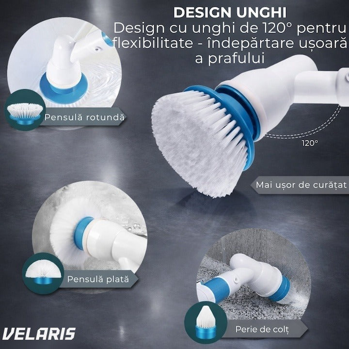 Perie electrică de curățat cu 3 capete interschimbabile, 300 RPM, acumulator, mâner telescopic