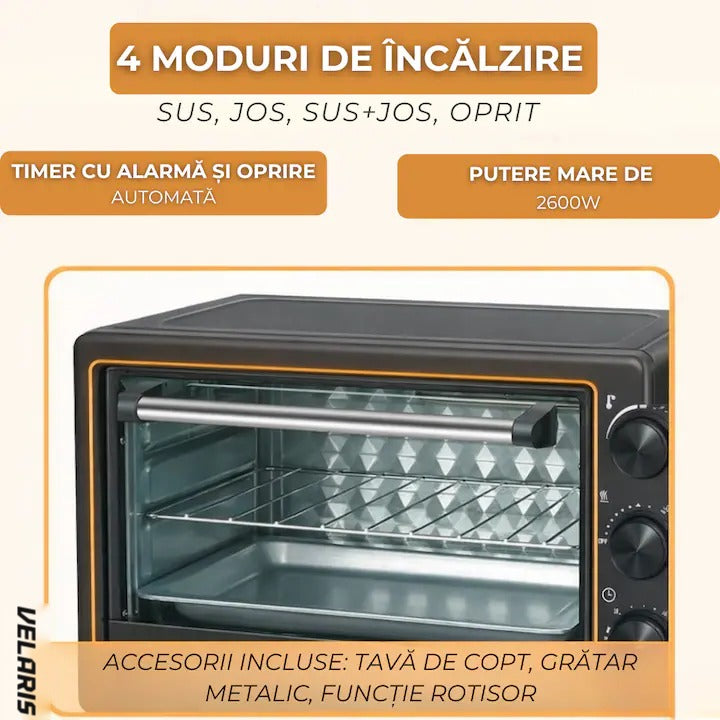 Cuptor electric 48L, 2600W, temperatură reglabilă până la 250°C, 4 moduri de încălzire, funcție rotiserie