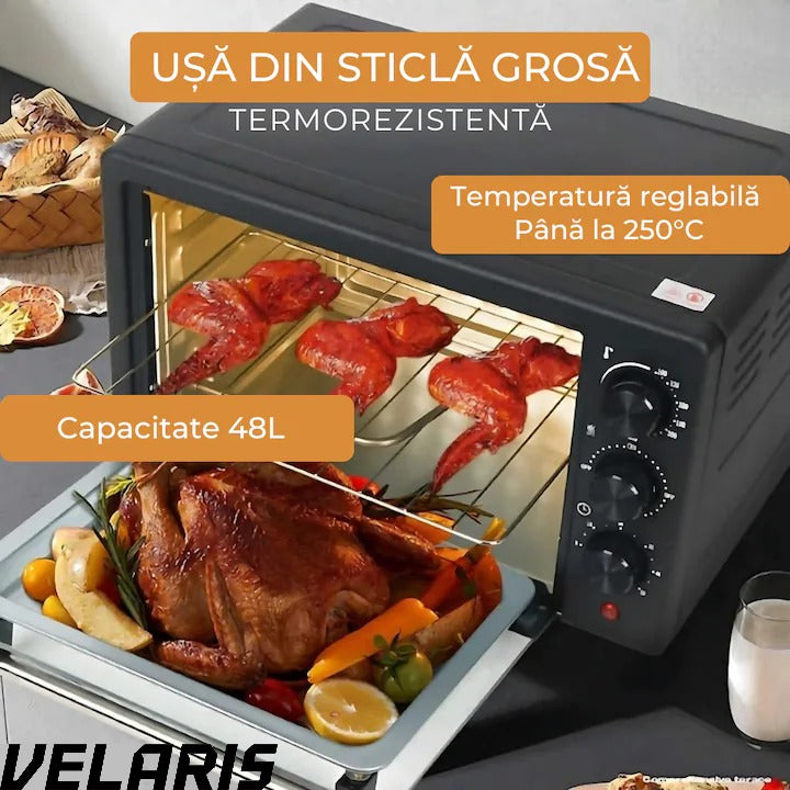 Cuptor electric 48L, 2600W, temperatură reglabilă până la 250°C, 4 moduri de încălzire, funcție rotiserie