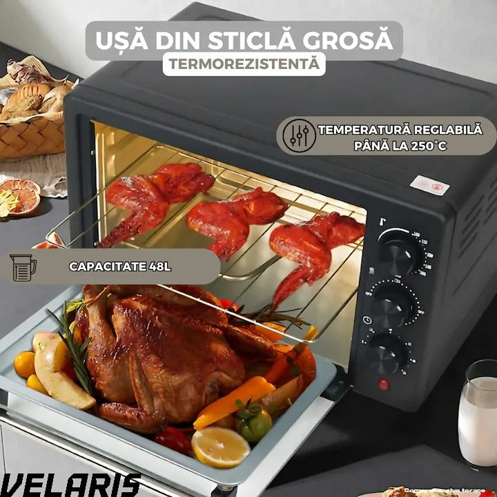 Cuptor electric 48L, 2600W, temperatură reglabilă până la 250°C, 4 moduri de încălzire, funcție rotiserie