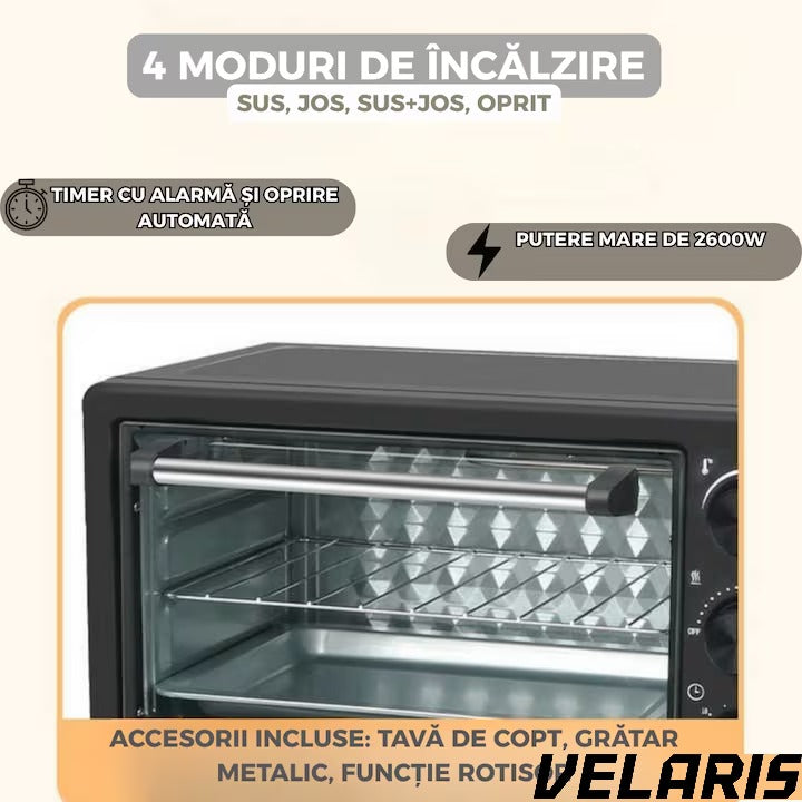 Cuptor electric 48L, 2600W, temperatură reglabilă până la 250°C, 4 moduri de încălzire, funcție rotiserie