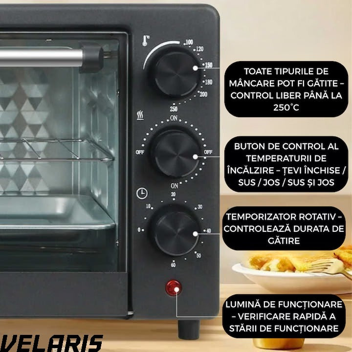 Cuptor electric 48L, 2600W, temperatură reglabilă până la 250°C, 4 moduri de încălzire, funcție rotiserie