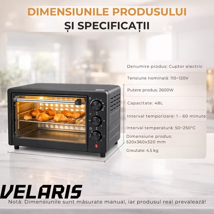Cuptor electric 48L, 2600W, temperatură reglabilă până la 250°C, 4 moduri de încălzire, funcție rotiserie