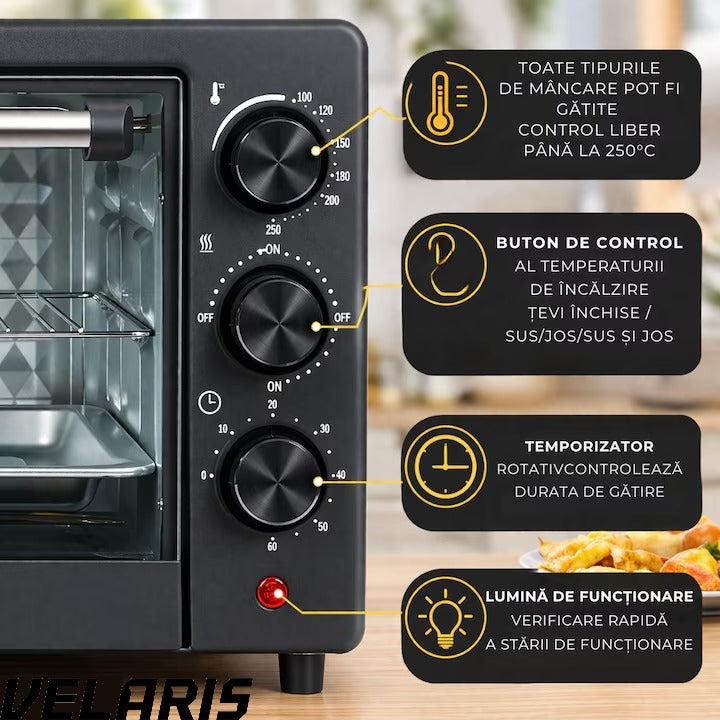 Cuptor electric 48L, 2600W, temperatură reglabilă până la 250°C, 4 moduri de încălzire, funcție rotiserie