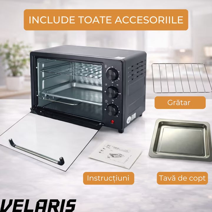 Cuptor electric 48L, 2600W, temperatură reglabilă până la 250°C, 4 moduri de încălzire, funcție rotiserie