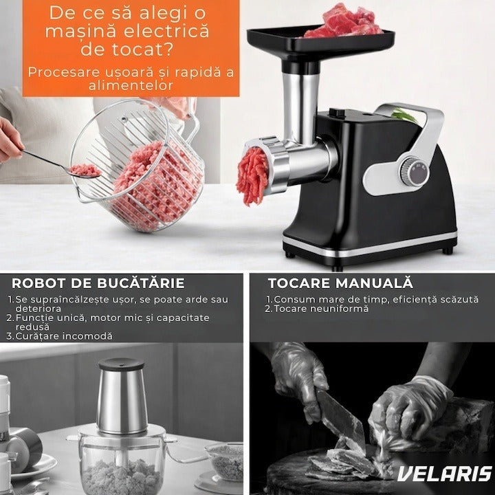 Masă de tocat electrică, oțel inoxidabil, 800W, 2 viteze, negru/alb