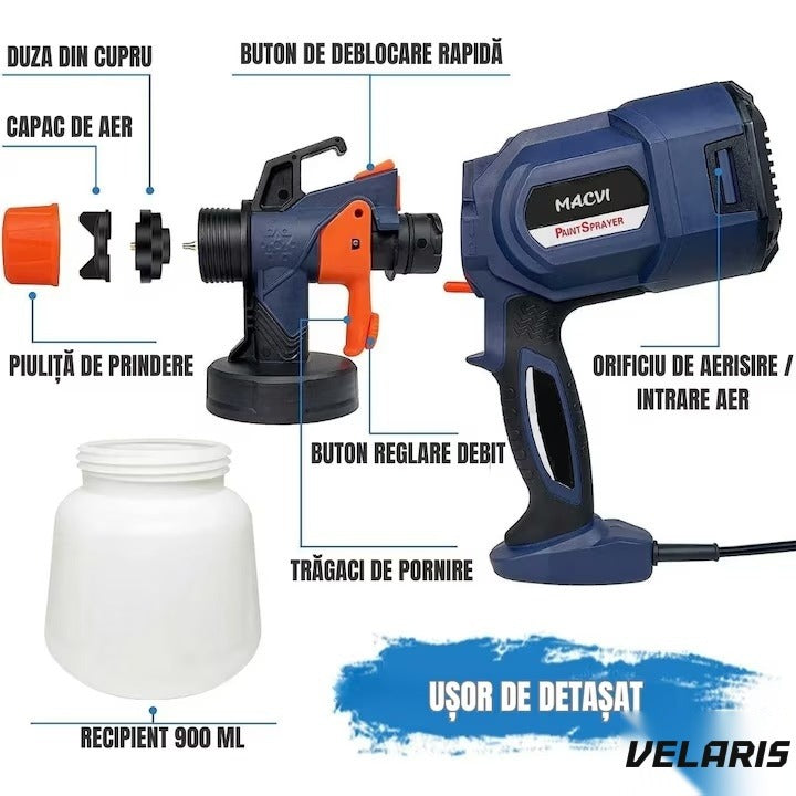 Pistol de vopsit electric 700W, rezervor 900 ml, 3 moduri de pulverizare, 4 duze, albastru