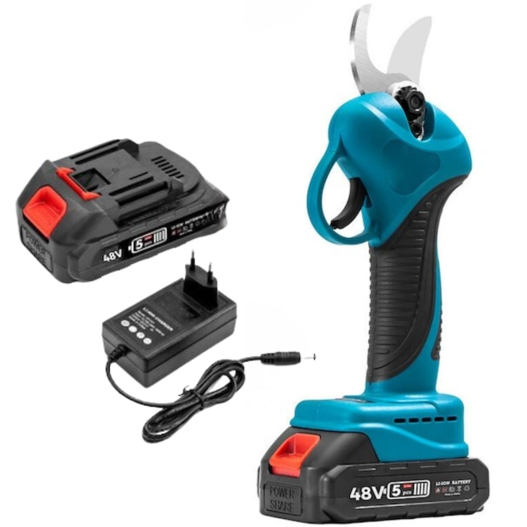 Foarfece de grădină electric 48V, 2 acumulatori, 2 lame oțel carbon, albastru