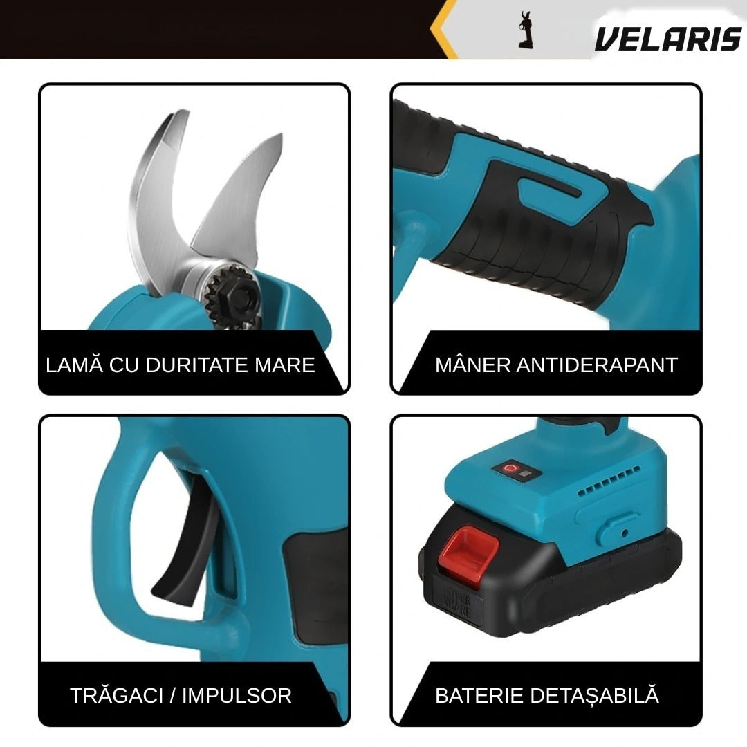 Foarfece de grădină electric 48V, 2 acumulatori, 2 lame oțel carbon, albastru