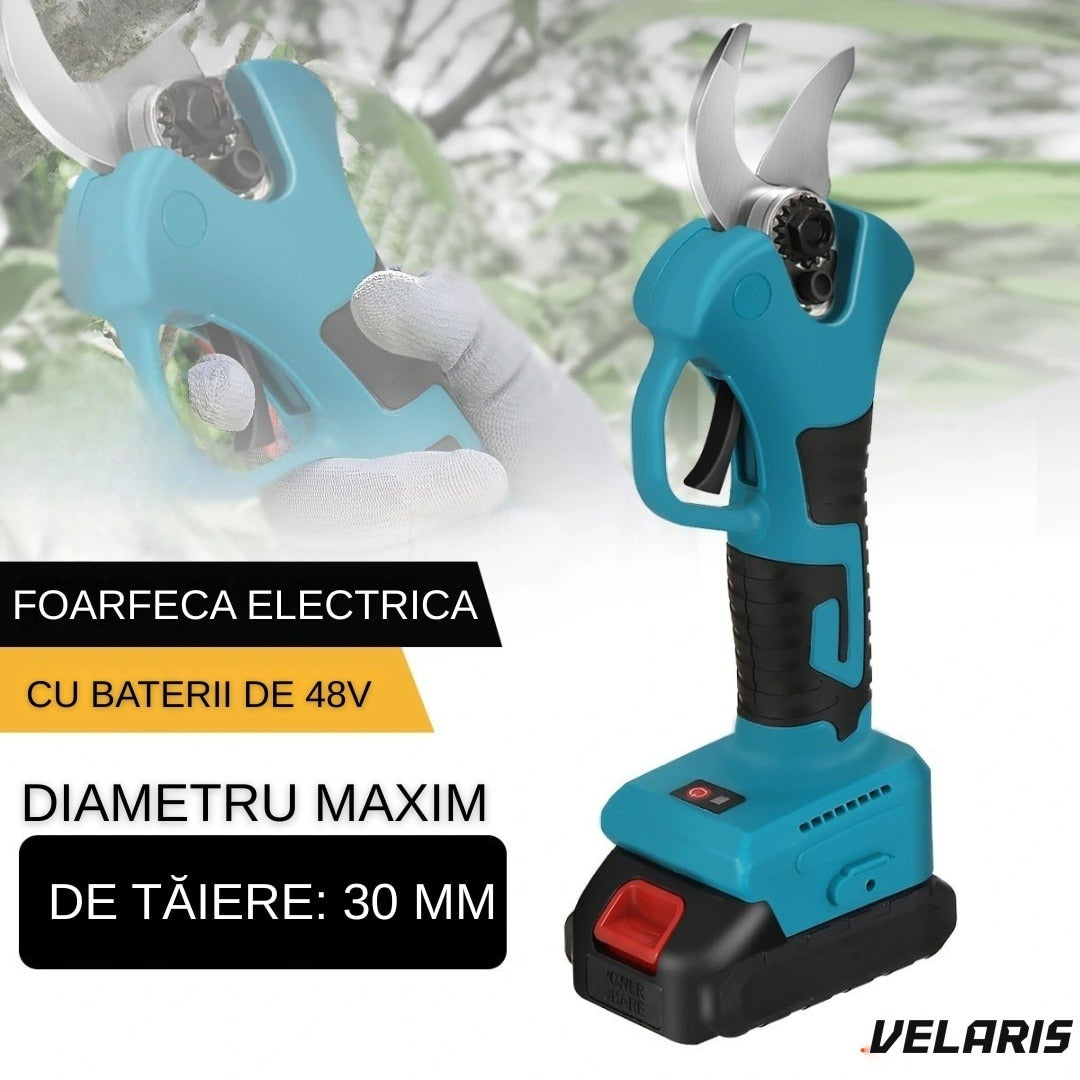 Foarfece de grădină electric 48V, 2 acumulatori, 2 lame oțel carbon, albastru