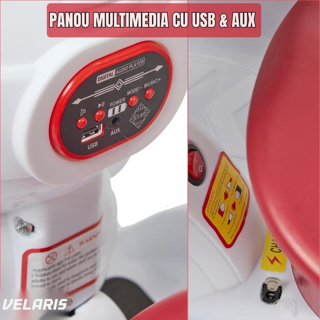 Mașinuță electrică pentru copii 3-6 ani, telecomandă și pedală, 6V 7A, roți 360°, lumini LED, alb/vișiniu