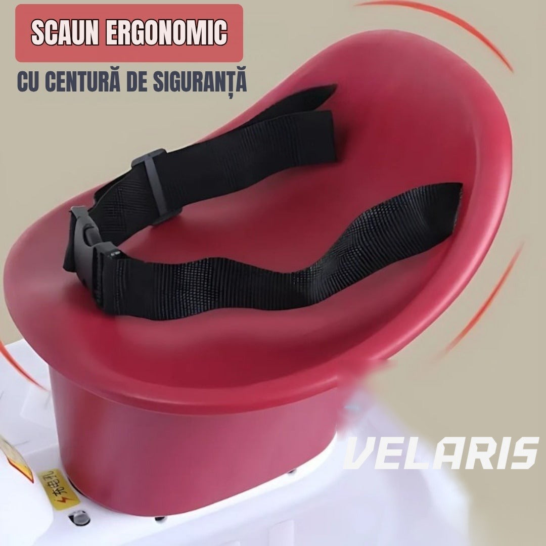 Mașinuță electrică pentru copii 3-6 ani, telecomandă și pedală, 6V 7A, roți 360°, lumini LED, alb/vișiniu