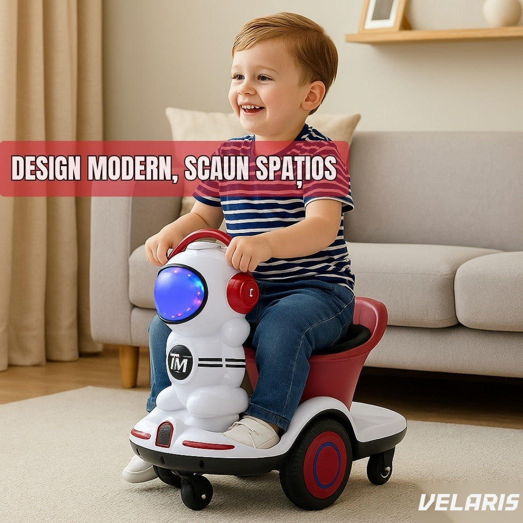 Mașinuță electrică pentru copii 3-6 ani, telecomandă și pedală, 6V 7A, roți 360°, lumini LED, alb/vișiniu