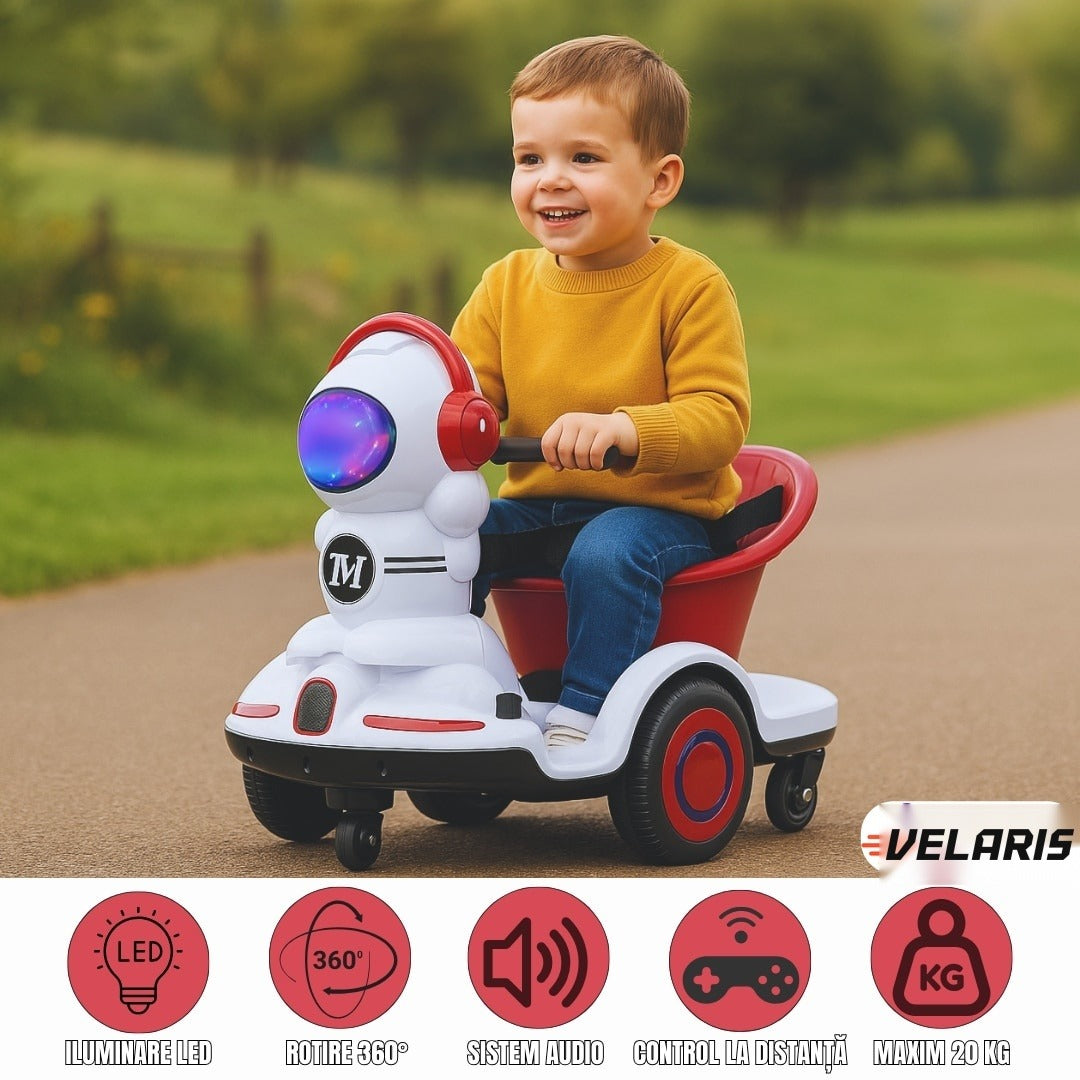 Mașinuță electrică pentru copii 3-6 ani, telecomandă și pedală, 6V 7A, roți 360°, lumini LED, alb/vișiniu