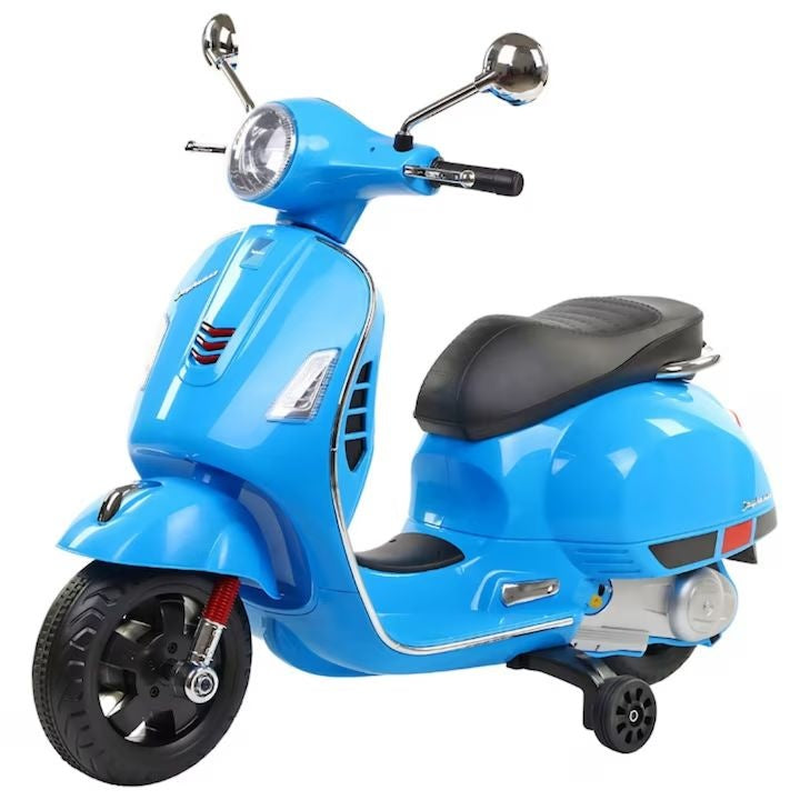 Scuter electric copii 3-8 ani, design Vespa, 2 acumulatori 6V, lumini LED, sistem audio, până la 6 km/h, albastru