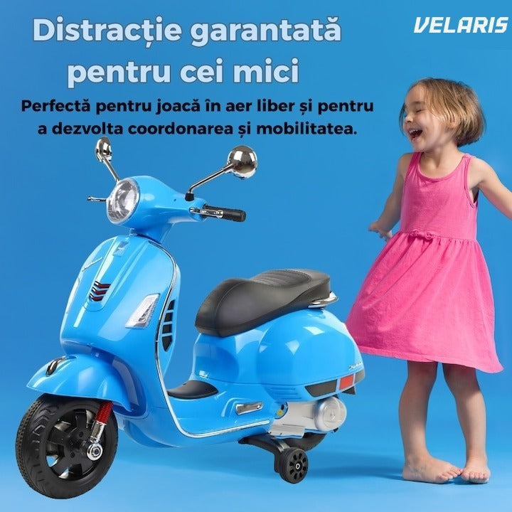 Scuter electric copii 3-8 ani, design Vespa, 2 acumulatori 6V, lumini LED, sistem audio, până la 6 km/h, albastru