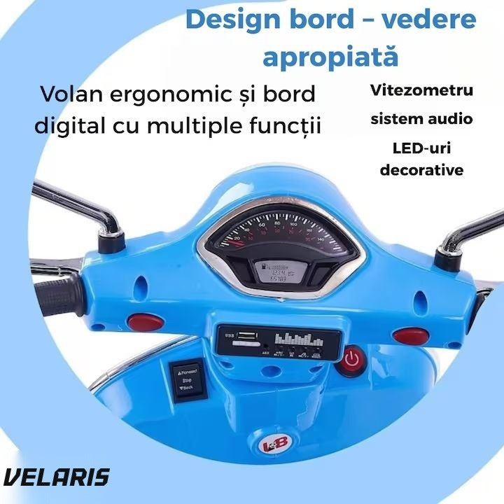 Scuter electric copii 3-8 ani, design Vespa, 2 acumulatori 6V, lumini LED, sistem audio, până la 6 km/h, albastru